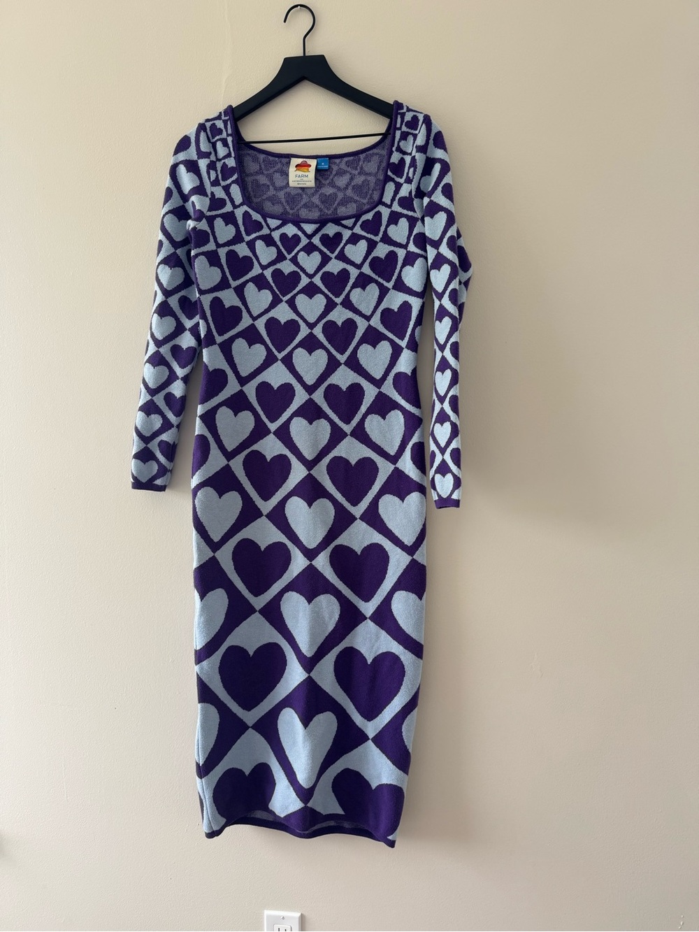 FARM RIO Geo Heart Purple Blue Maxi Body Con Dress Medium Square Neck Stretch